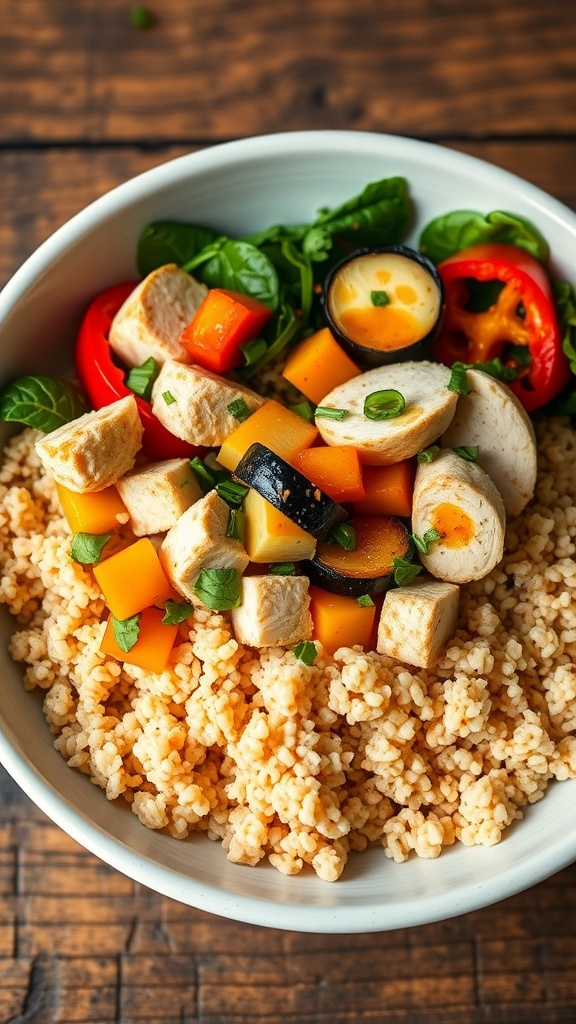A nutritious quinoa bowl with chicken, bell peppers, zucchini, and spinach, garnished with herbs on a rustic table.
